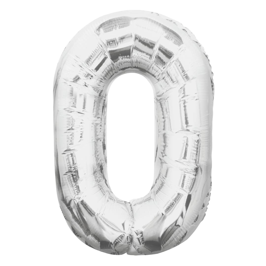 Silver Number 0 Shaped Foil Balloon 34", Packaged