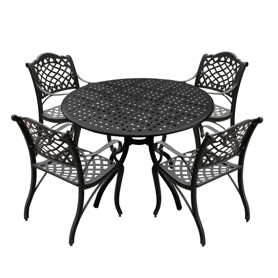 Modern Ornate Outdoor Mesh Aluminum 42-in Black Round Patio Dining Set with Four Chairs