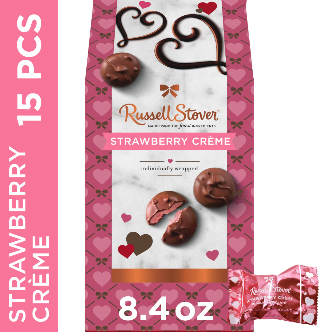 RUSSELL STOVER Valentine's Day Strawberry Crème Milk Chocolate Candy Heart Gift Box, 8.4 oz.