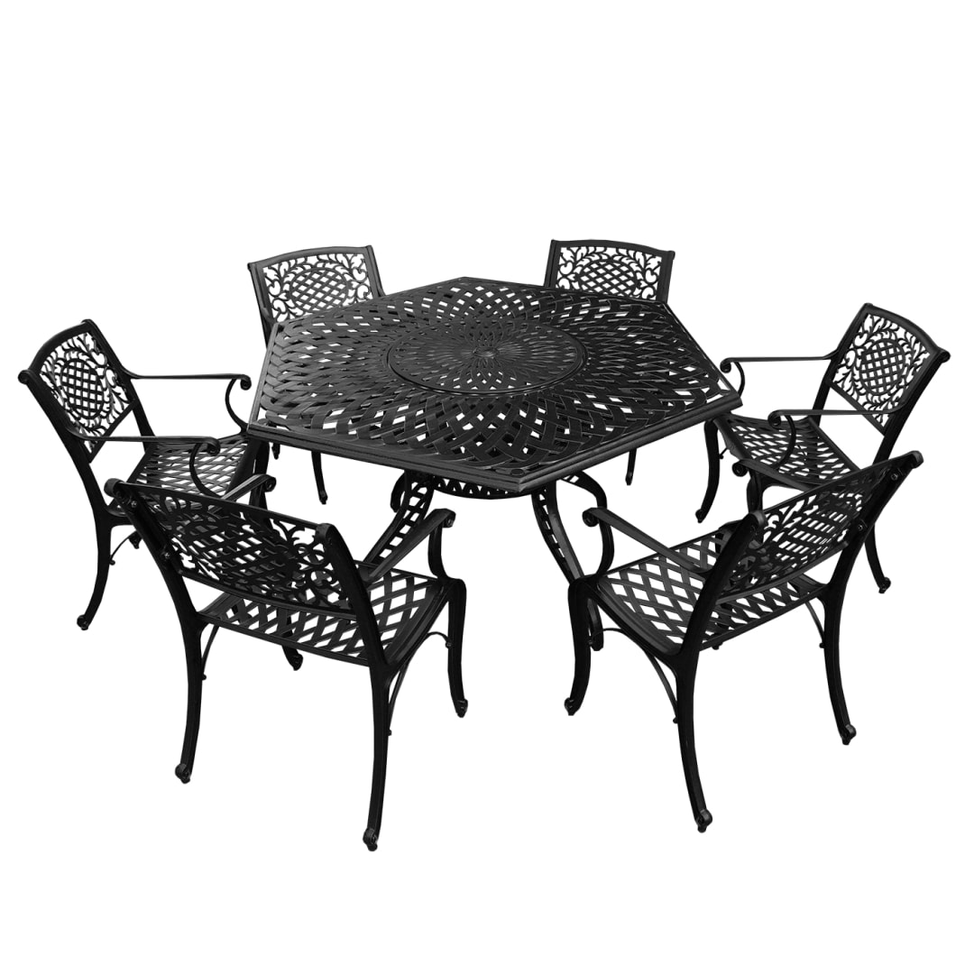 Modern Ornate Outdoor Mesh Aluminum 63-in Large Black Hexagon Patio Dining Set with Lazy Susan and Six Chairs