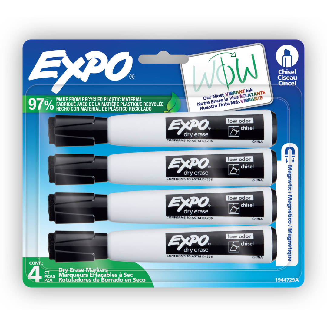 EXPO Magnetic Dry Erase Markers with Eraser, Black, Chisel Tip, 4 Count