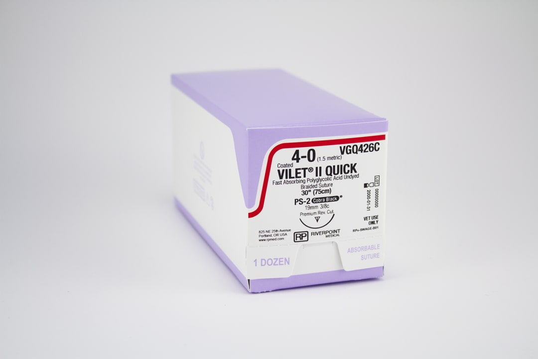Vilet II Quick PGA Suture, USP 4-0 with 19mm PS-2 Premium Reverse Cutting 3/8 Circle Cobra Black Dental Needle, Undyed, 75cm, Sterile