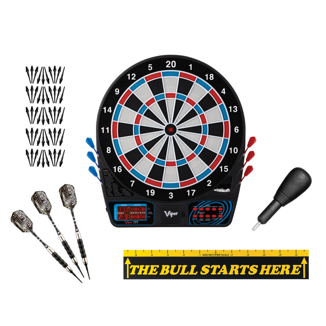 Viper 777 Electronic Dartboard, "The Bull Starts Here" Throw Line, Sure Grip Black Soft Tip Darts, Dart Tip Remover Tool & Tufflex II Black Dart Tips