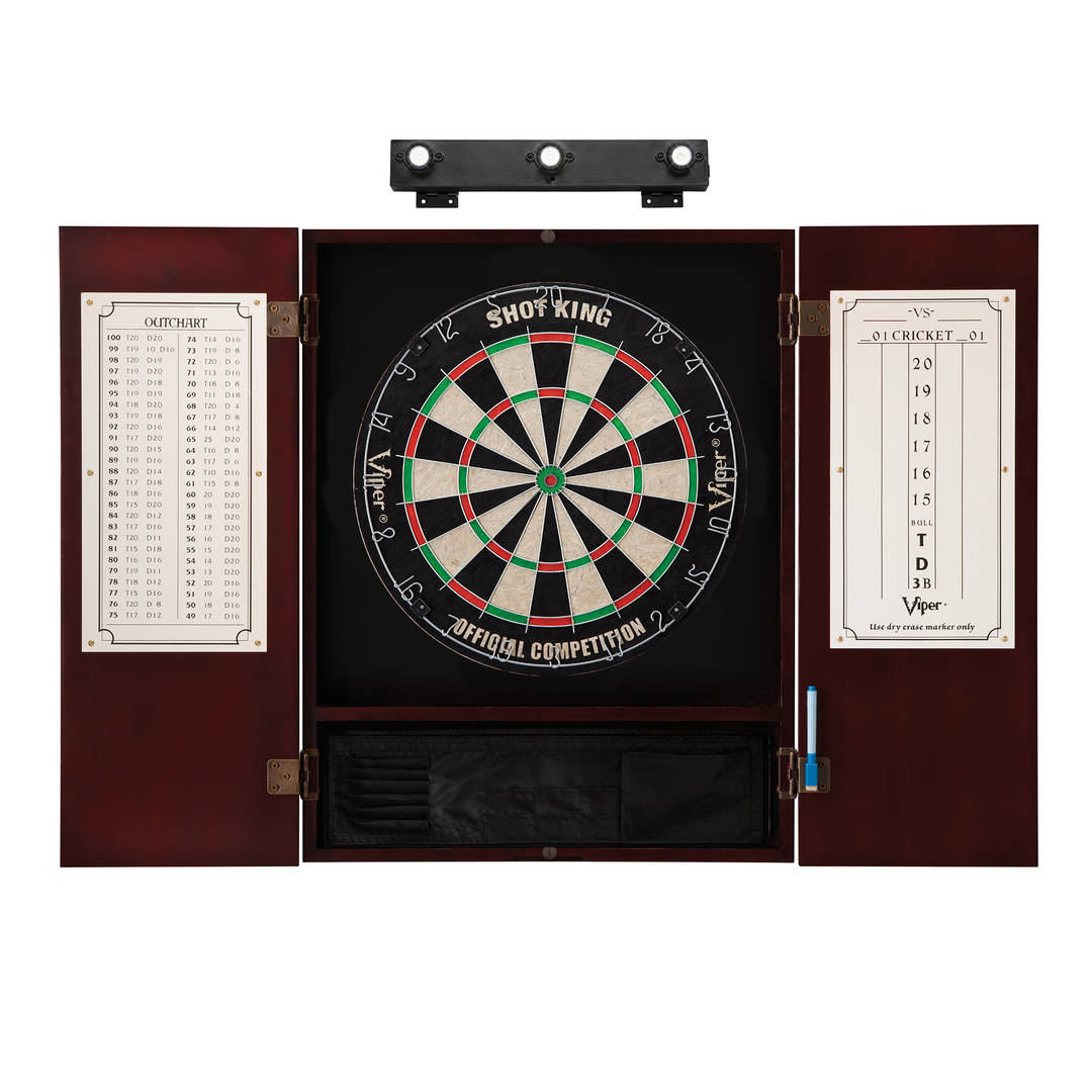 Viper Shot King Sisal Dartboard, Metropolitan Mahogany Cabinet & Shadow Buster Dartboard Lights