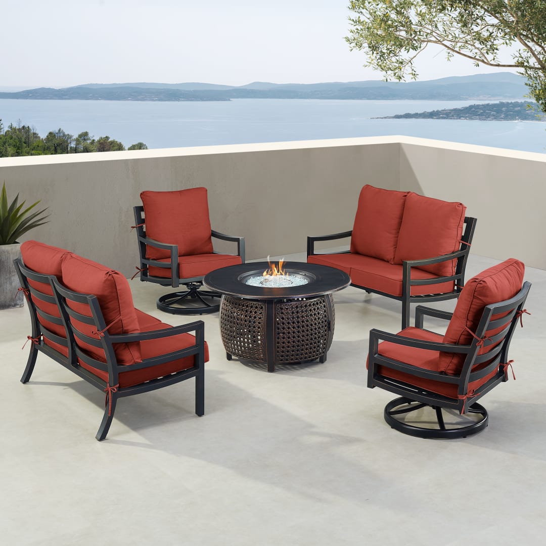 Black Aluminum Patio Fire Table Set with Two Deep Seating Loveseat with Cushions and Two Club Chairs