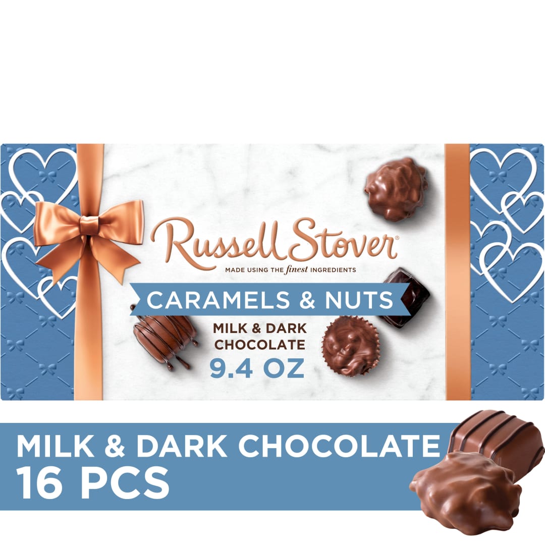 RUSSELL STOVER Valentine's Day Heart Assorted Caramels & Nuts Milk & Dark Chocolate Candy Gift Box, 9.4 oz.