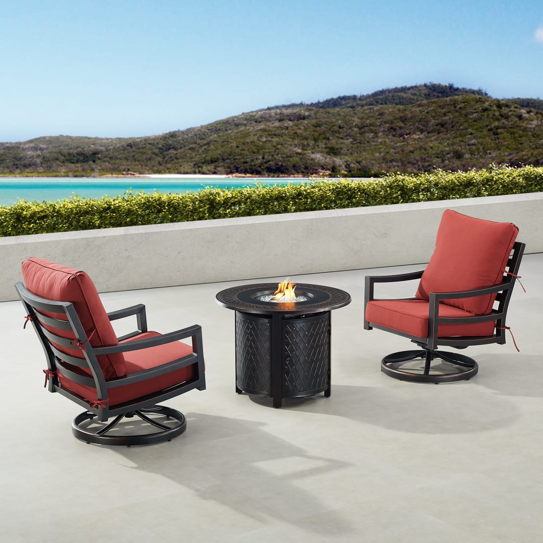 Black Aluminum Patio Fire Table Bistro Set with Two Club Chairs