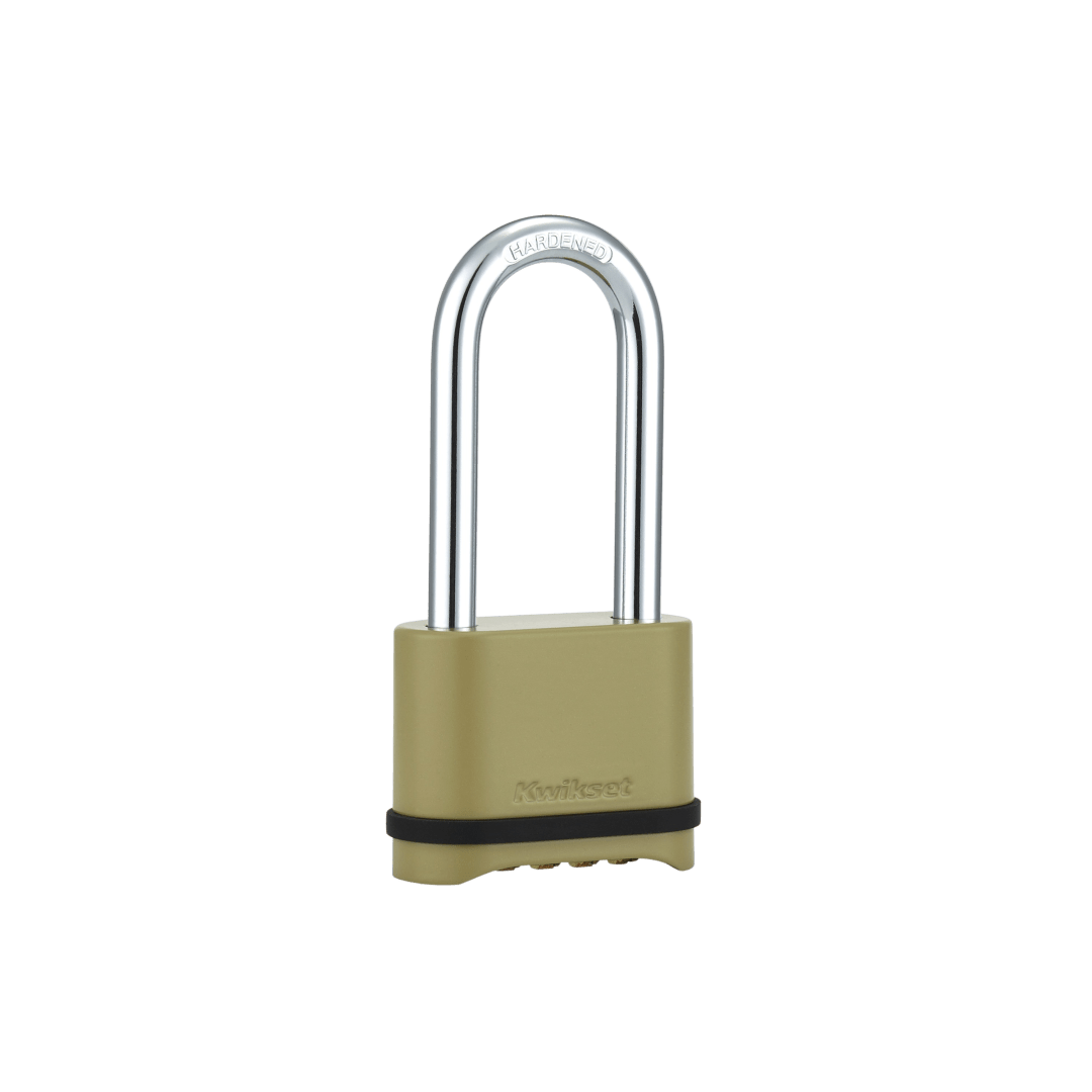 Kwikset Zinc Resettable 4-Digit Combination Padlock for Outdoor Gate Lock and Storage Unit Lock with 2 in Body and 2-1/4 in Hardened Steel Shackle - Gold Finish Combo Lock