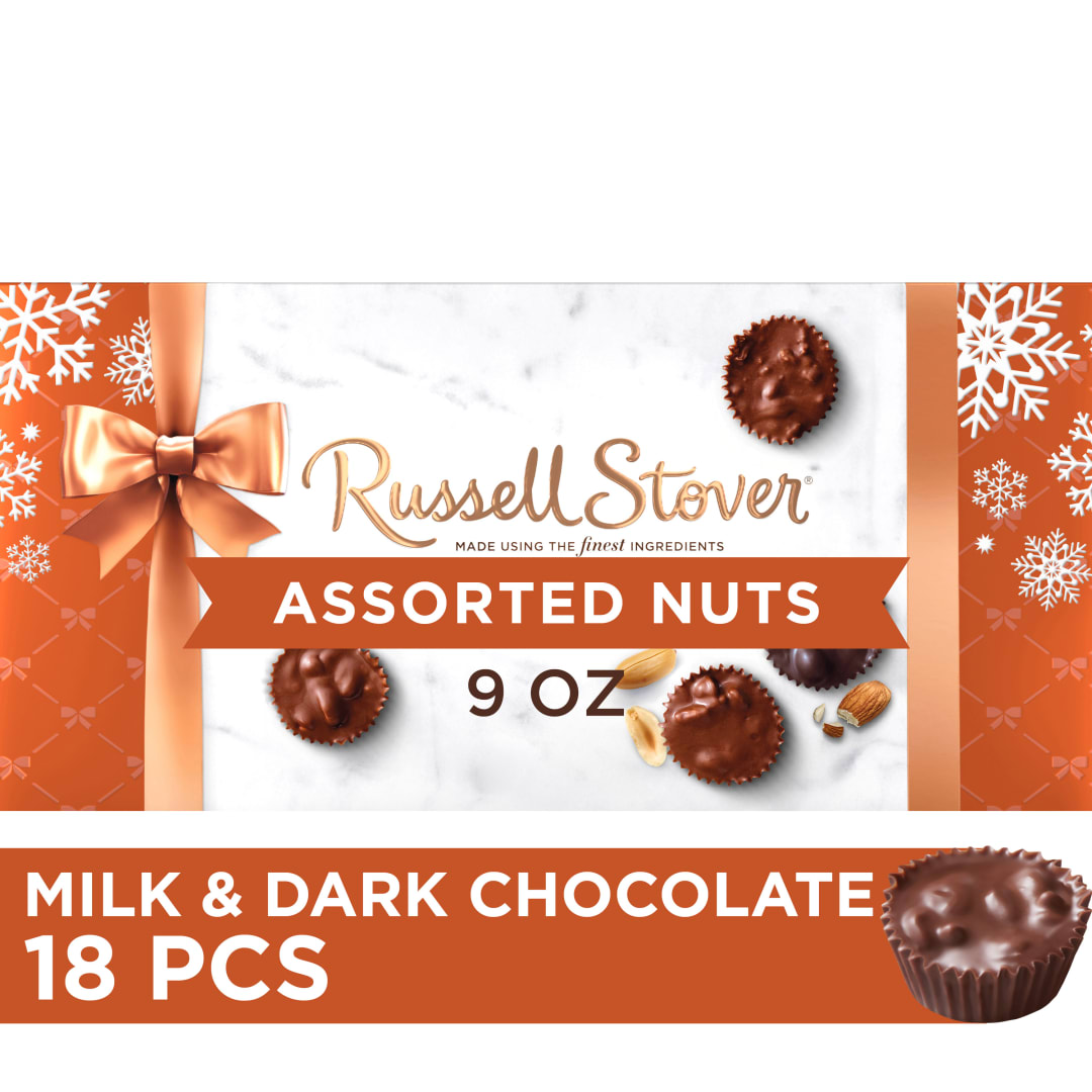 RUSSELL STOVER Christmas Chocolate Covered Nuts Assortment in Milk &amp; Dark Chocolate Candy Gift Box, 9 oz.