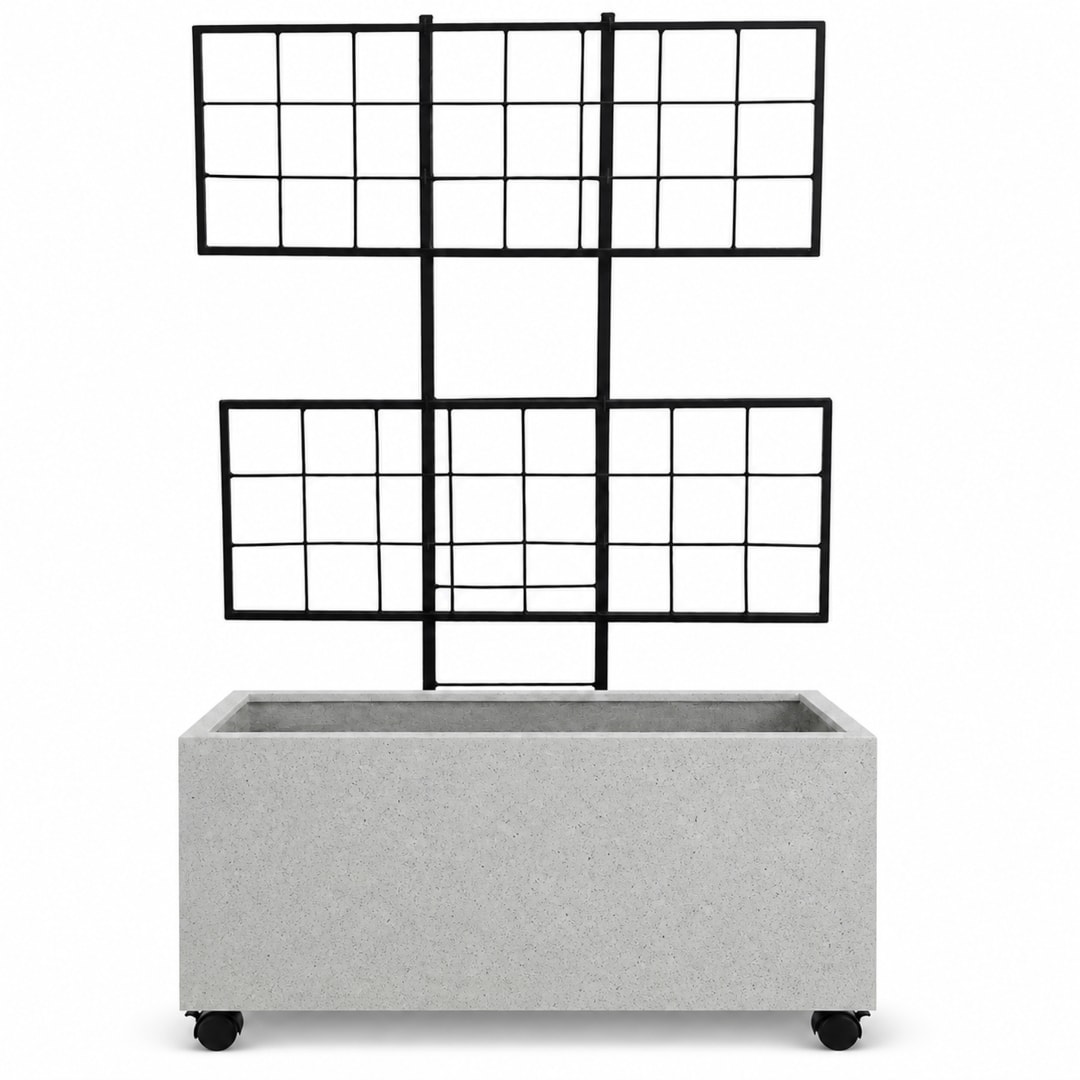 Smooth Rectangular Polystone Planter with Steel Trellis and Wheels, Gray