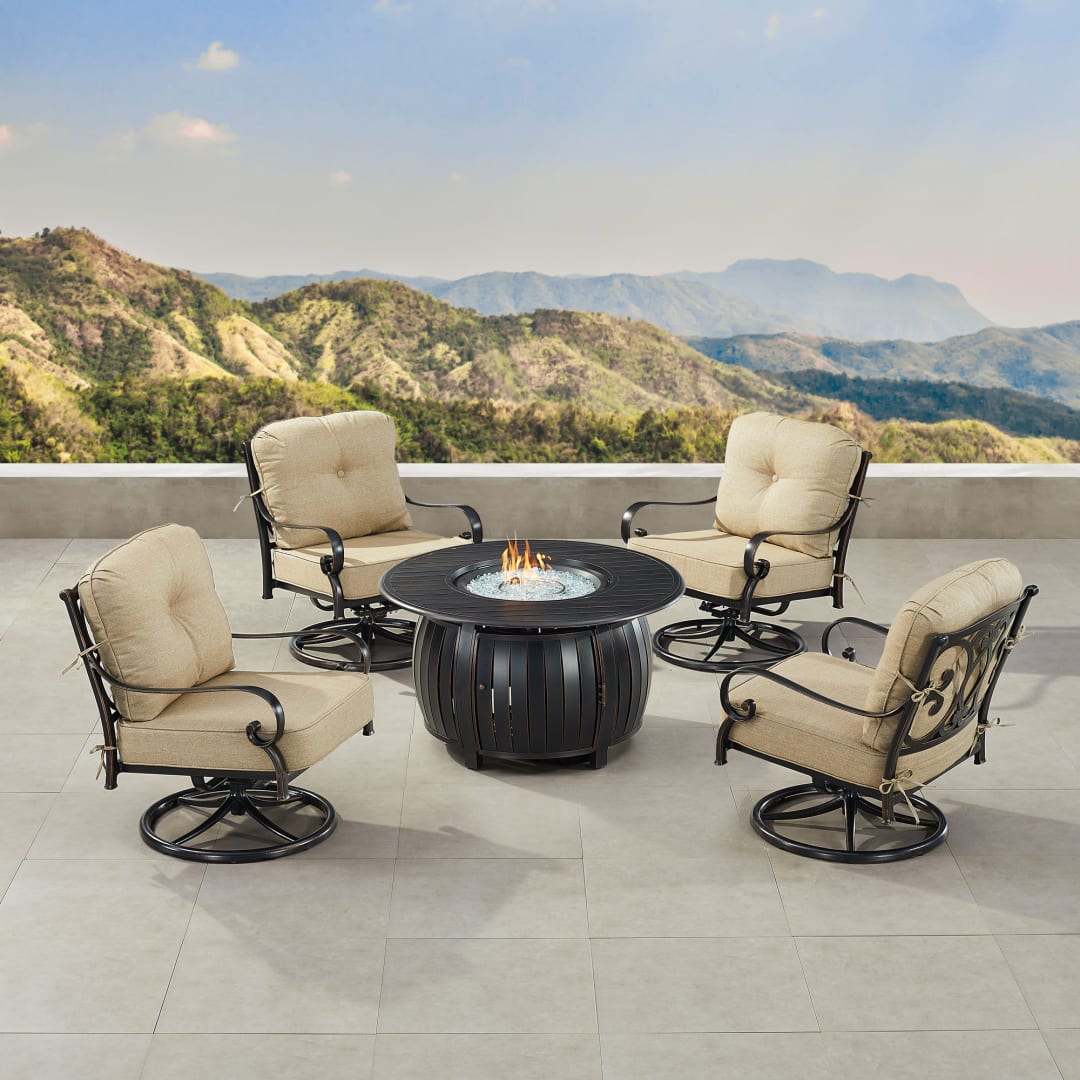 Black Aluminum Patio Fire Table Set with Four Club Chairs