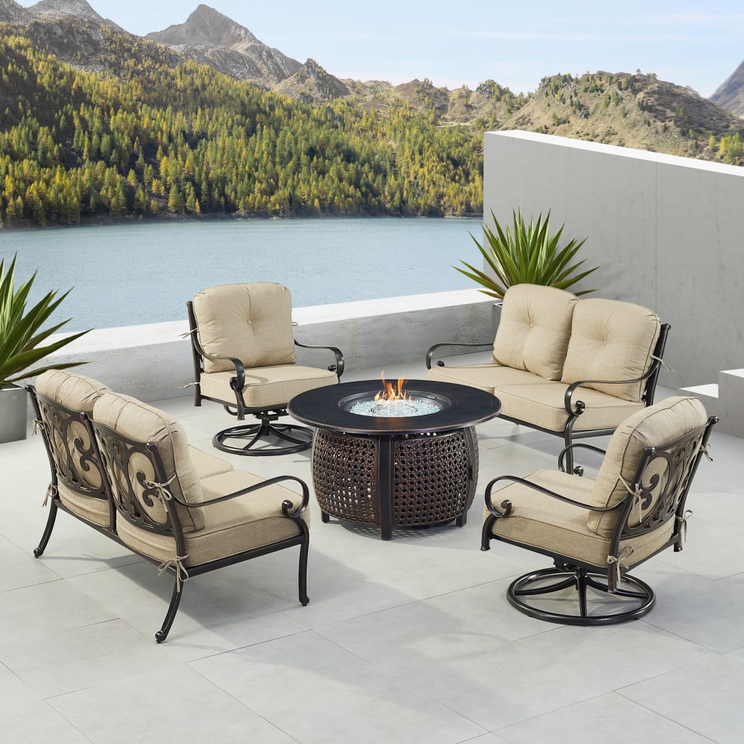 Black Aluminum Patio Fire Table Set with Two Deep Seating Loveseat with Cushions and Two Club Chairs