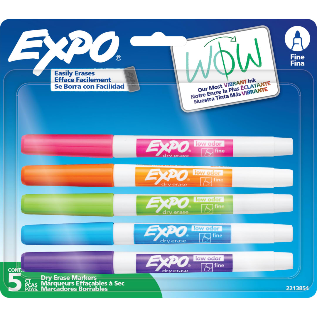 EXPO Dry Erase Markers, Low Odor Ink, Assorted Colors, Fine Tip, 5 Count