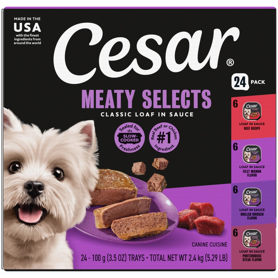 CESAR Wet Dog Food Classic Loaf in Sauce Beef Recipe, Filet Mignon, Grilled Chicken and Porterhouse Steak Variety Pack, (24) 3.5 oz. Easy Peel Trays