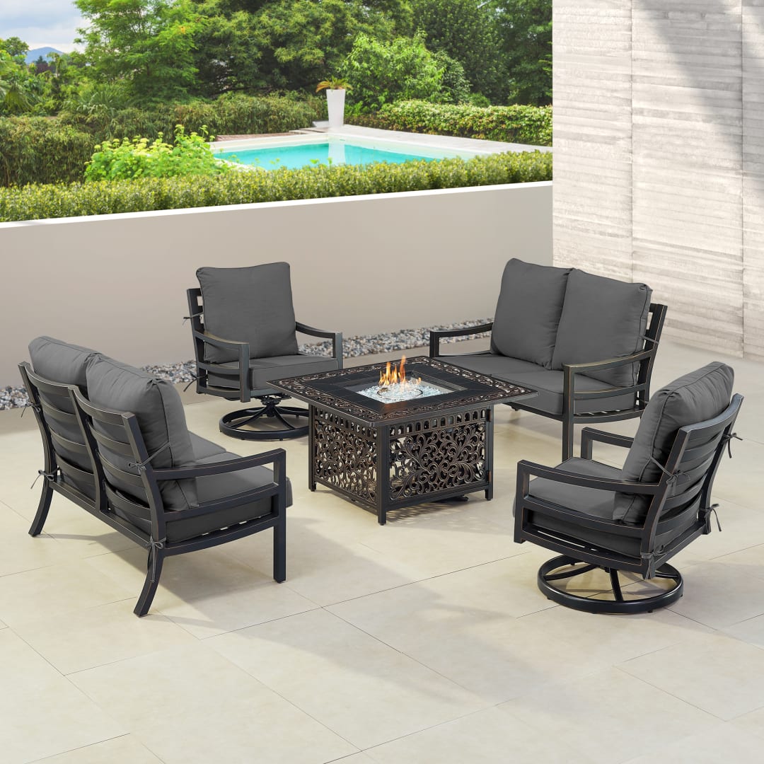 Black Aluminum Patio Fire Table Set with Two Deep Seating Loveseat with Cushions and Two Club Chairs
