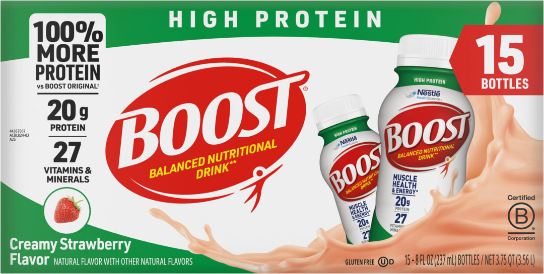BOOST 20g High Protein Nutritional Drink Shakes, Creamy Strawberry, 8 fl oz, 15 Pack