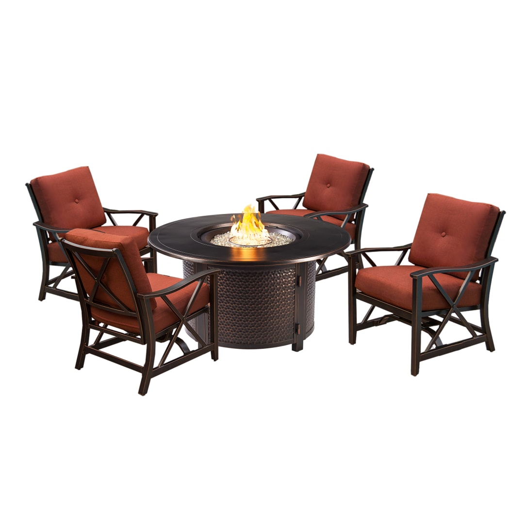 Aluminum 44-in Round Antique Copper Fire Table Set with Four Deep Seating Rocking Chairs, Fire Beads, Lid, Propane Tank Cover and Table Fabric Covers