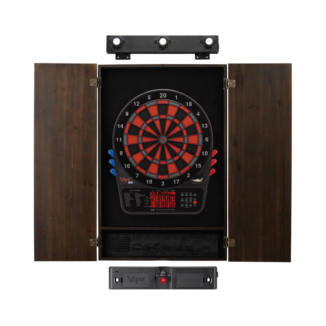 Viper 800 Electronic Dartboard, Metropolitan Espresso Cabinet, Throw Line Light & Shadow Buster Dartboard Light Bundle