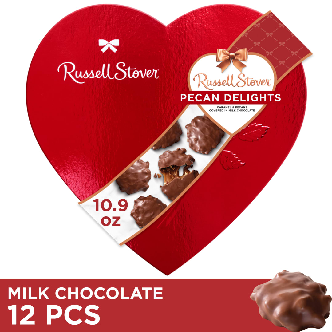 RUSSELL STOVER Valentine's Day Red Foil Heart Milk Chocolate Pecan Delights Candy Gift Box, 10.9 oz.