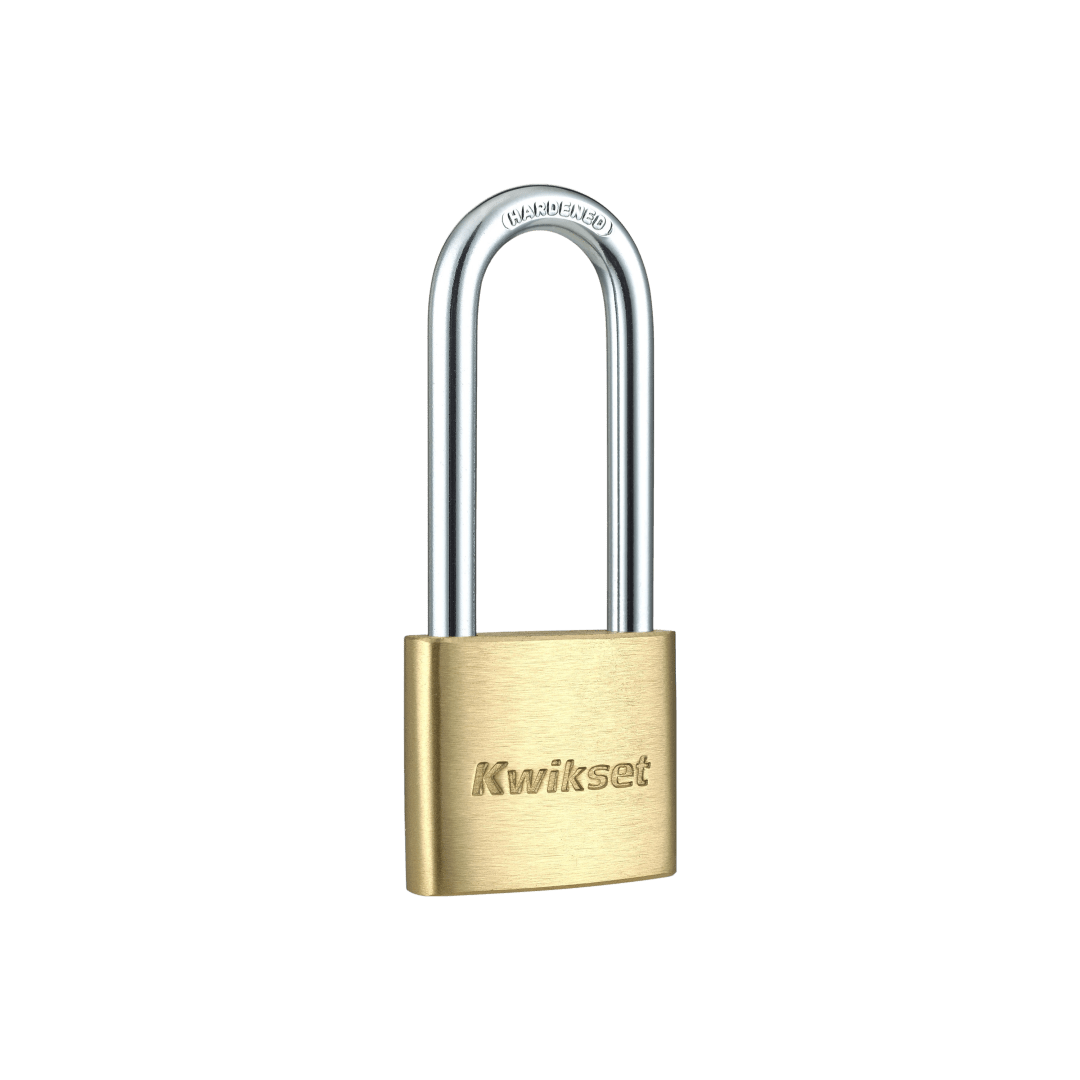 Kwikset Brass Padlock with Hardened Steel Shackle, 1-9/16 in Body, 2 in Shackle, 1 Pack