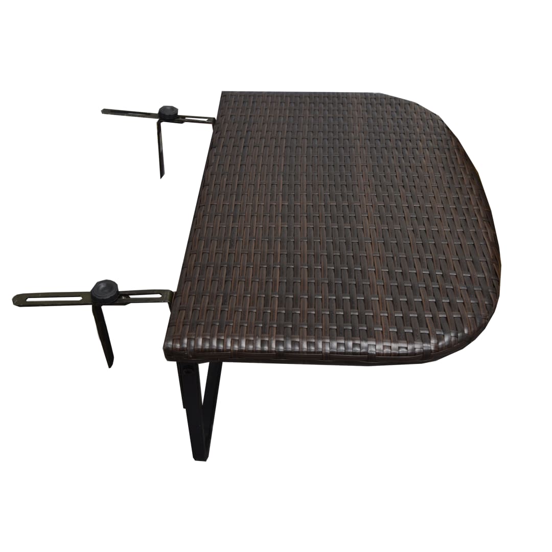 Brown Indoor and Outdoor Foldable Wicker Balcony Table with Metal Frame and Adjustable Clamps