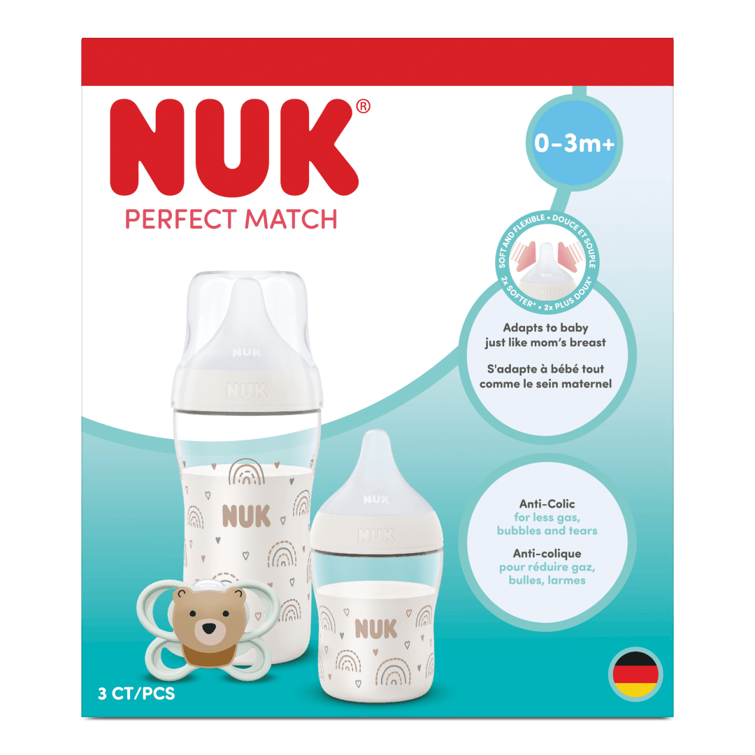 NUK Perfect Match Newborn Baby Bottles & Pacifier Set for Newborns, 0-3 Months, 2 x Anti-Colic Feeding Bottles (150 ml, 260 ml), 1 x Perfect Match Air Pacifier, Rainbow, 3 Count