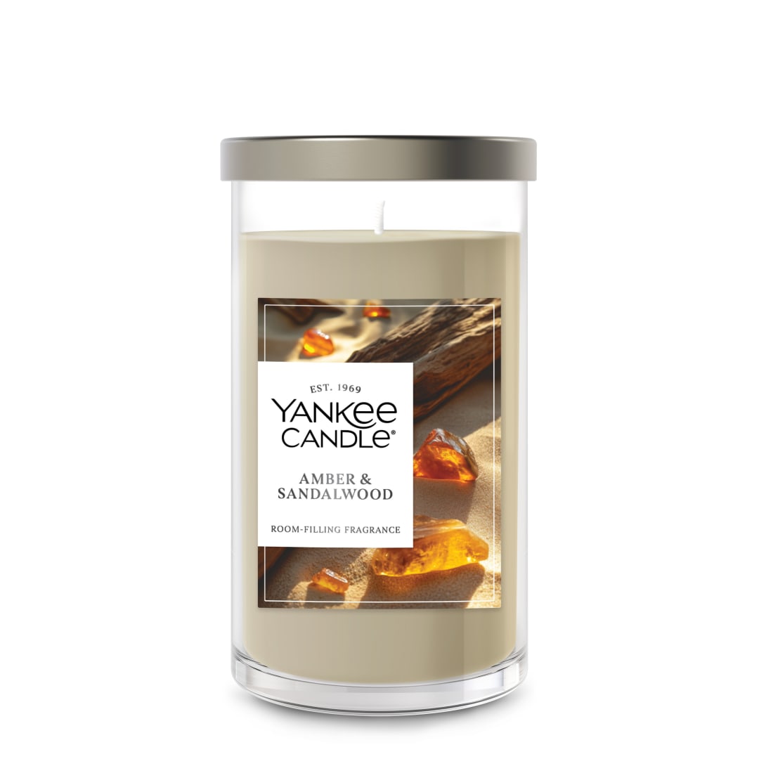 Yankee Candle Medium Pillar Scented Candle with up to 115 Hour Burn Time, Premium Plant Wax Blend for Consistent Burn, 14.25 oz Pillar Candle with Room Filling Fragrance, Amber & Sandalwood