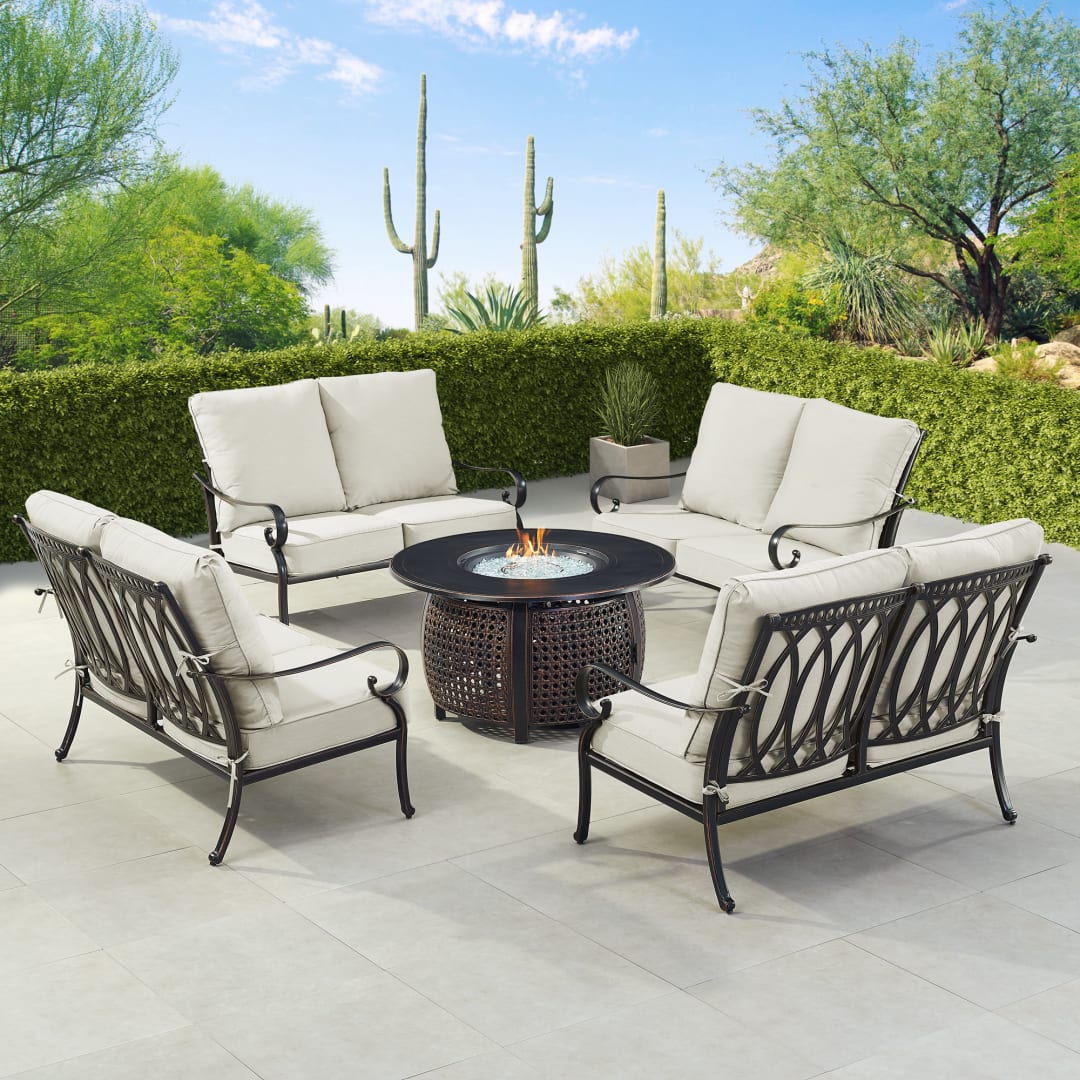 Black Aluminum Patio Fire Table Set with Four Deep Seating Loveseat with Cushions