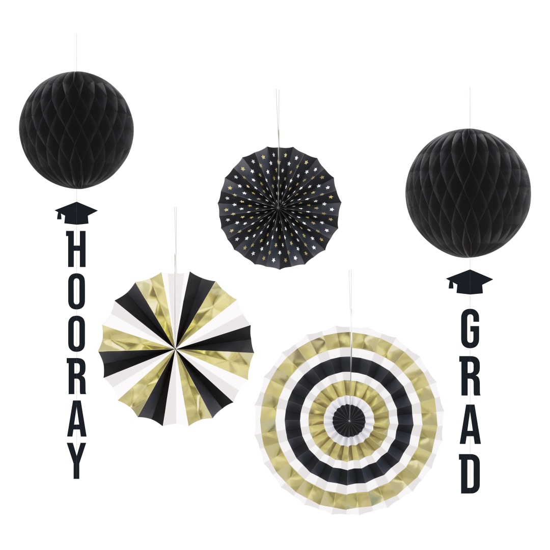 Black &amp; Gold "Hooray Grad" Honeycomb Tissue &amp; Banner Tails Decorating Kit, 5pc