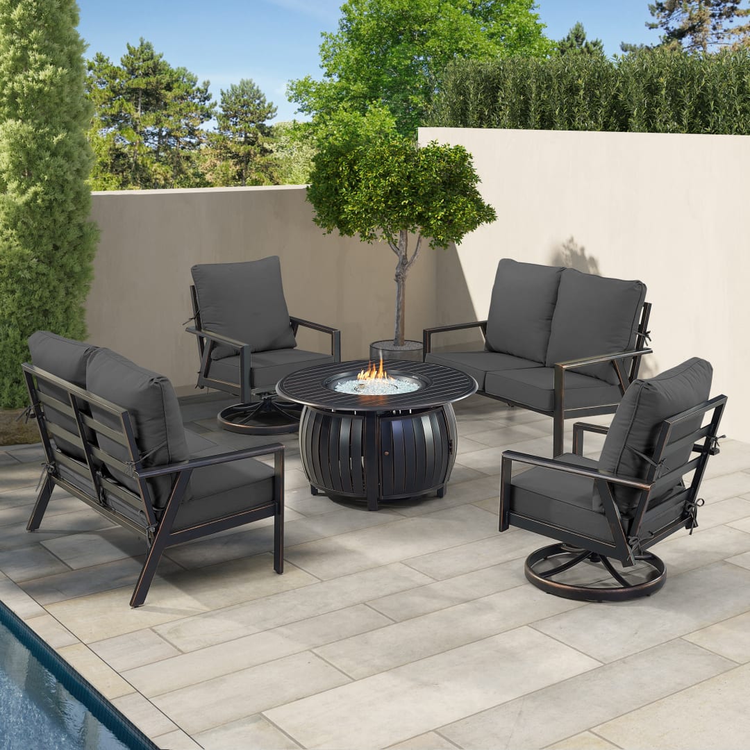 Black Aluminum Patio Fire Table Set with Two Deep Seating Loveseat with Cushions and Two Club Chairs
