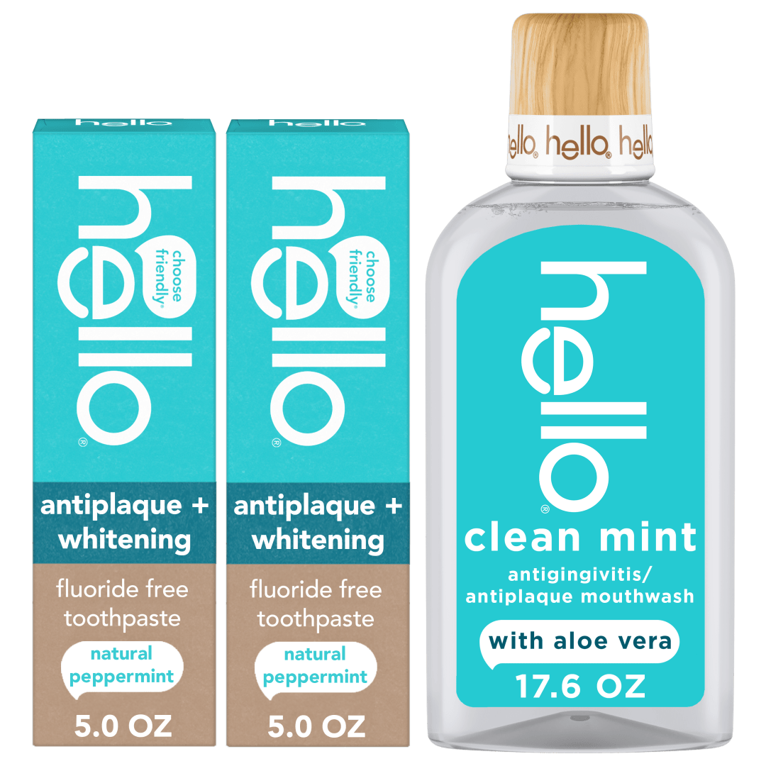hello Antiplaque Whitening Fluoride Free Toothpastes and Clean Mint Alcohol Free Mouthwash Bundle Pack, Whitening Toothpaste and Antigingivitis Gum Mouthwash Pack, No Alcohol for Zero Burning