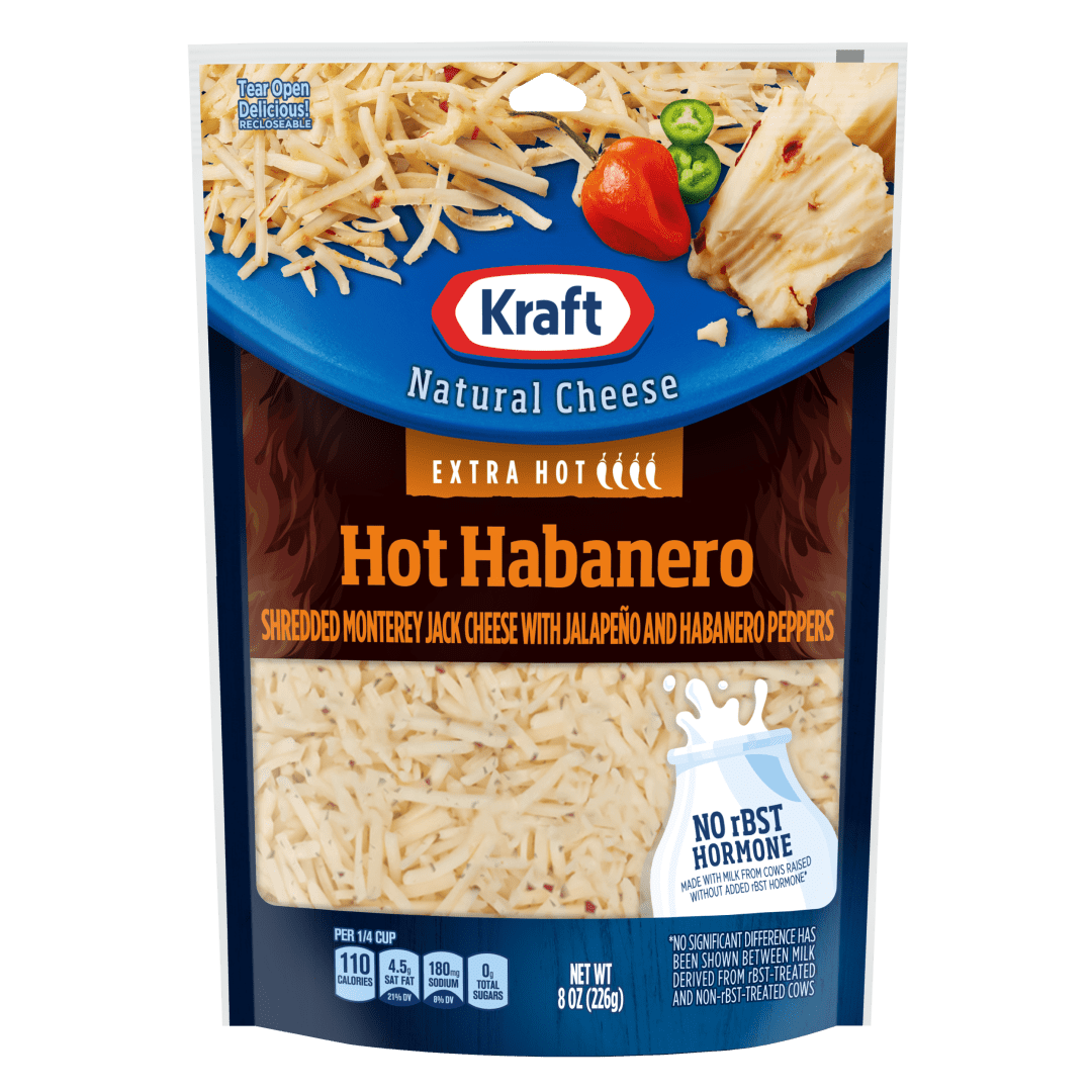 Kraft Hot Habanero Monterey Jack Shredded Cheese with Extra Hot Jalapeno &amp; Habanero Peppers, 8 oz Bag