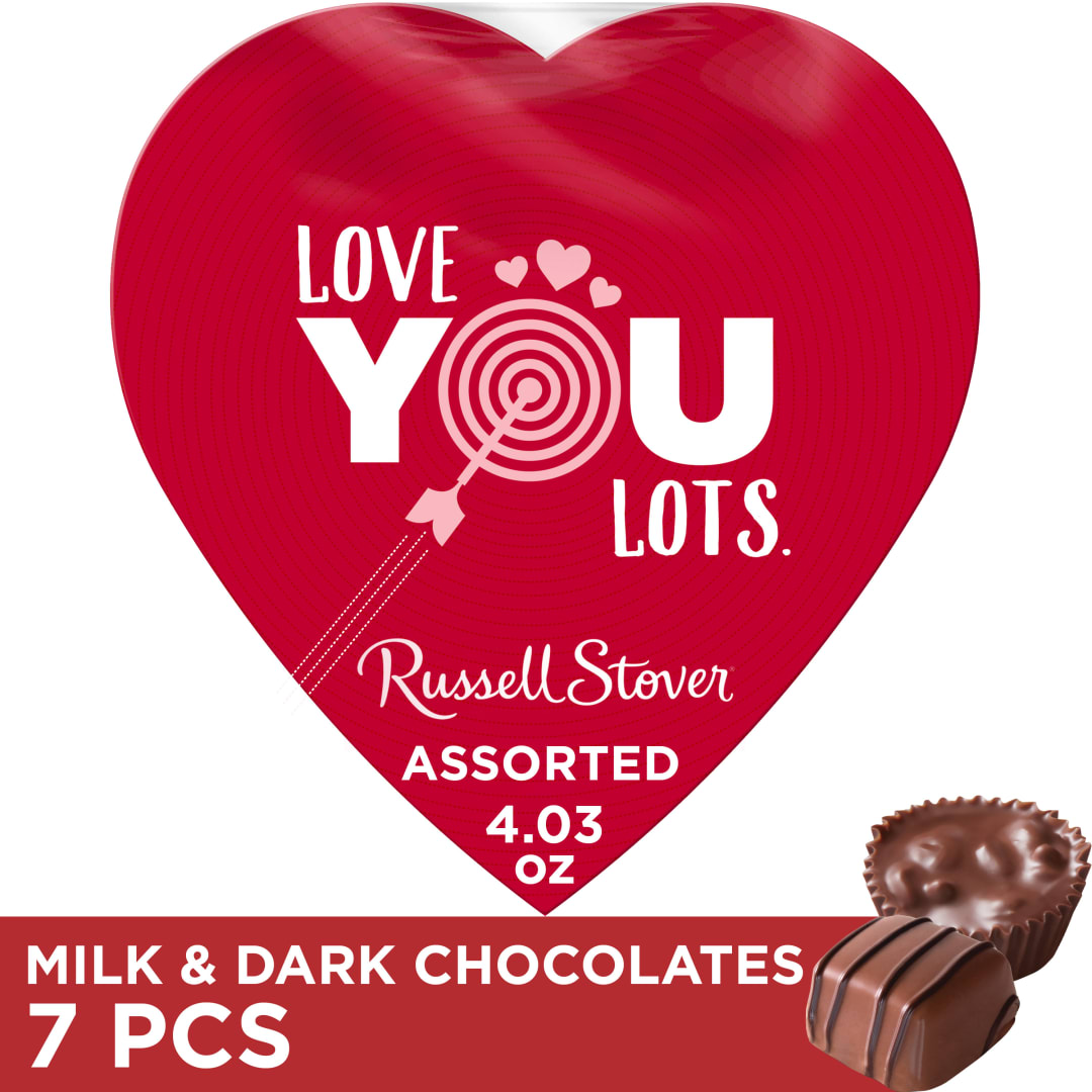 RUSSELL STOVER Valentine's Day Love You Lots Heart Assorted Milk & Dark Chocolate Candy Gift Box, 4.03 oz.
