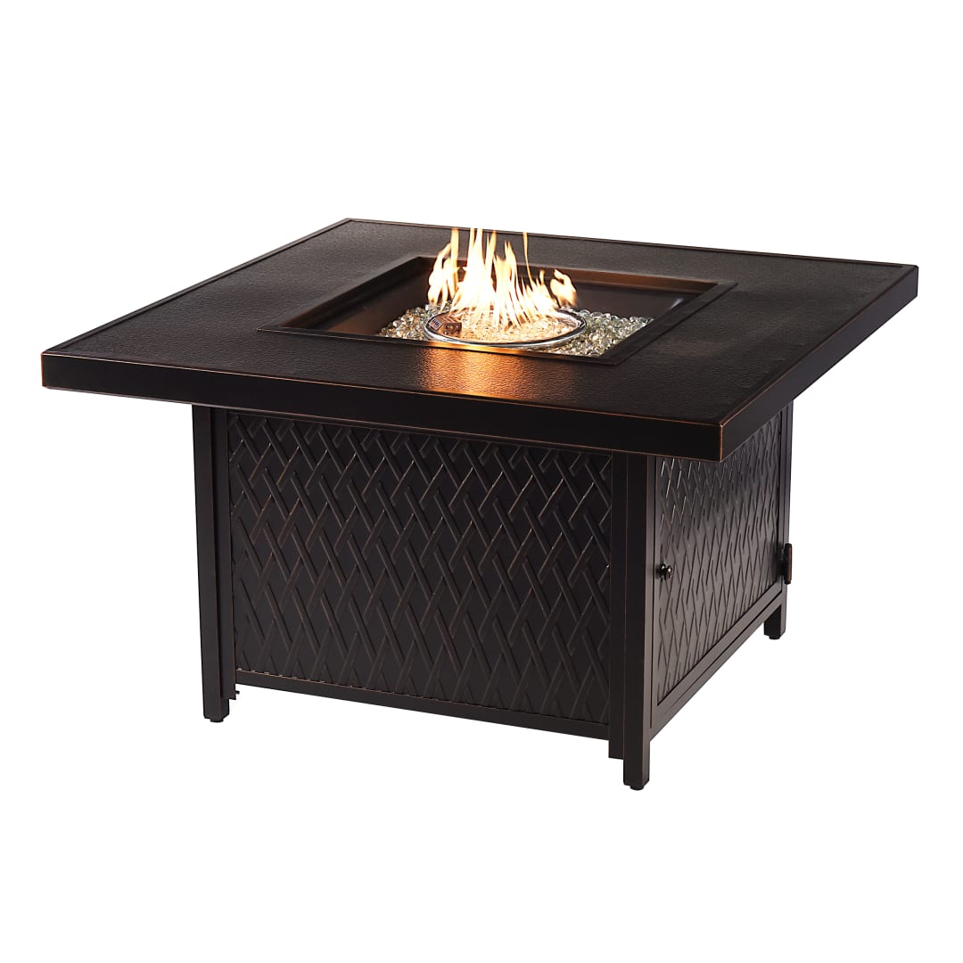 Square 42 in. x 42 in. Aluminum Propane Fire Pit Table with Glass Beads, Two Covers, Lid, 55,000 BTUs in Copper Finish