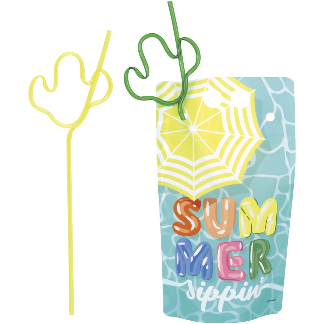 Summer Fun "Summer Sippin" 18oz Drink Pouches with Cactus Shaped Straws, 4ct