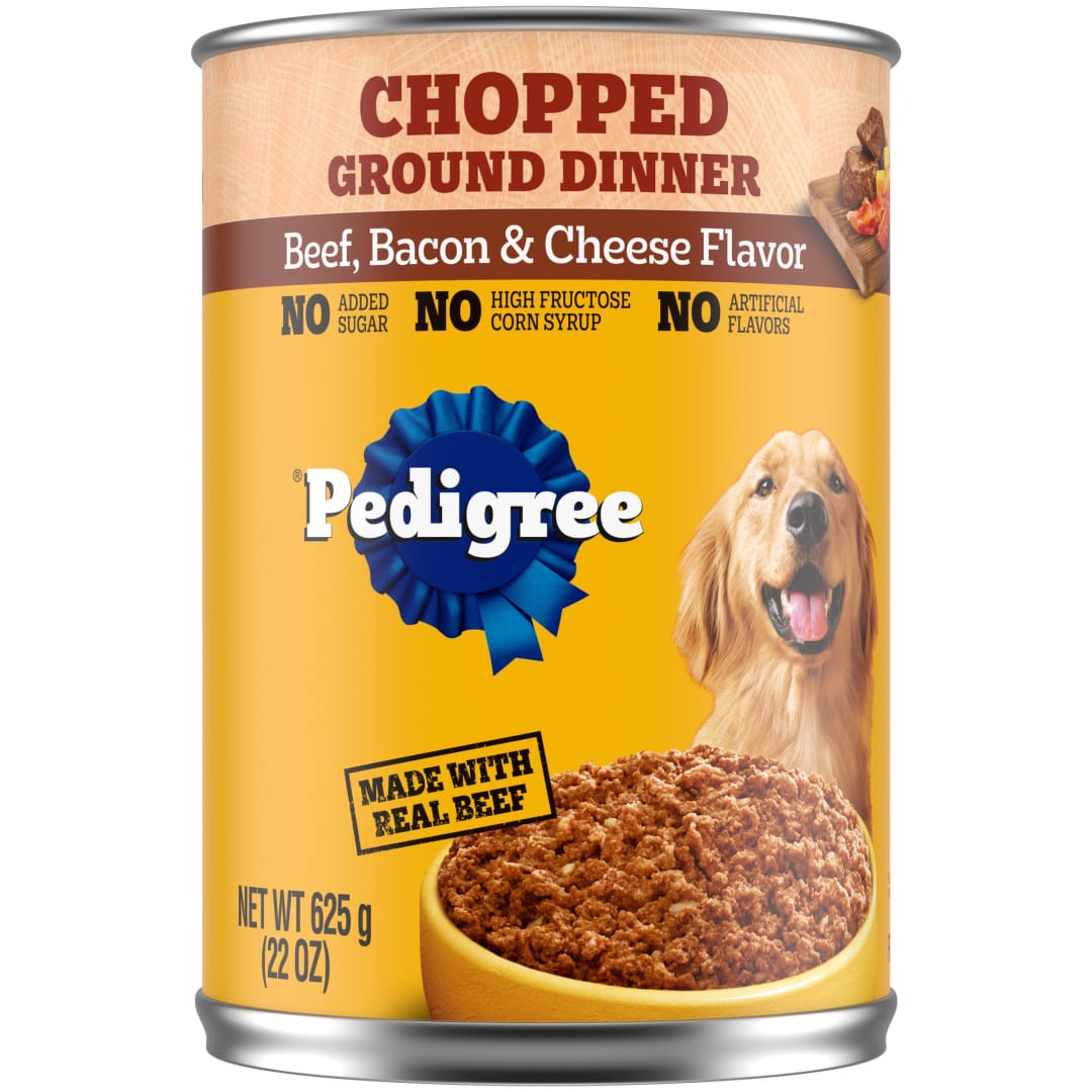 PEDIGREE CHOPPED GROUND DINNER Adult Canned Soft Wet Dog Food Beef, Bacon & Cheese Flavor, 22 oz. Cans 12 Pack