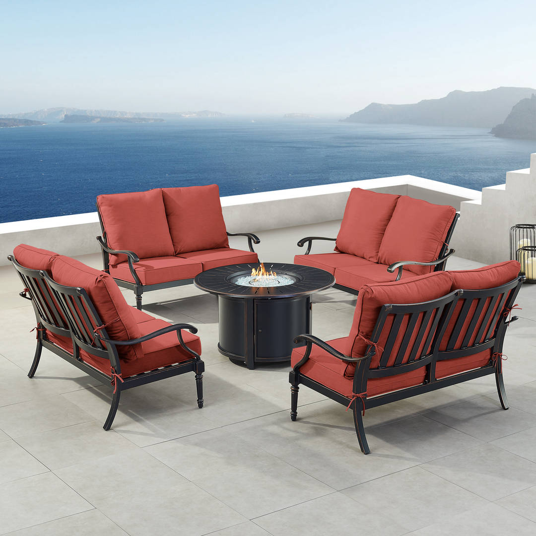 Black Aluminum Patio Fire Table Set with Four Deep Seating Loveseat with Cushions