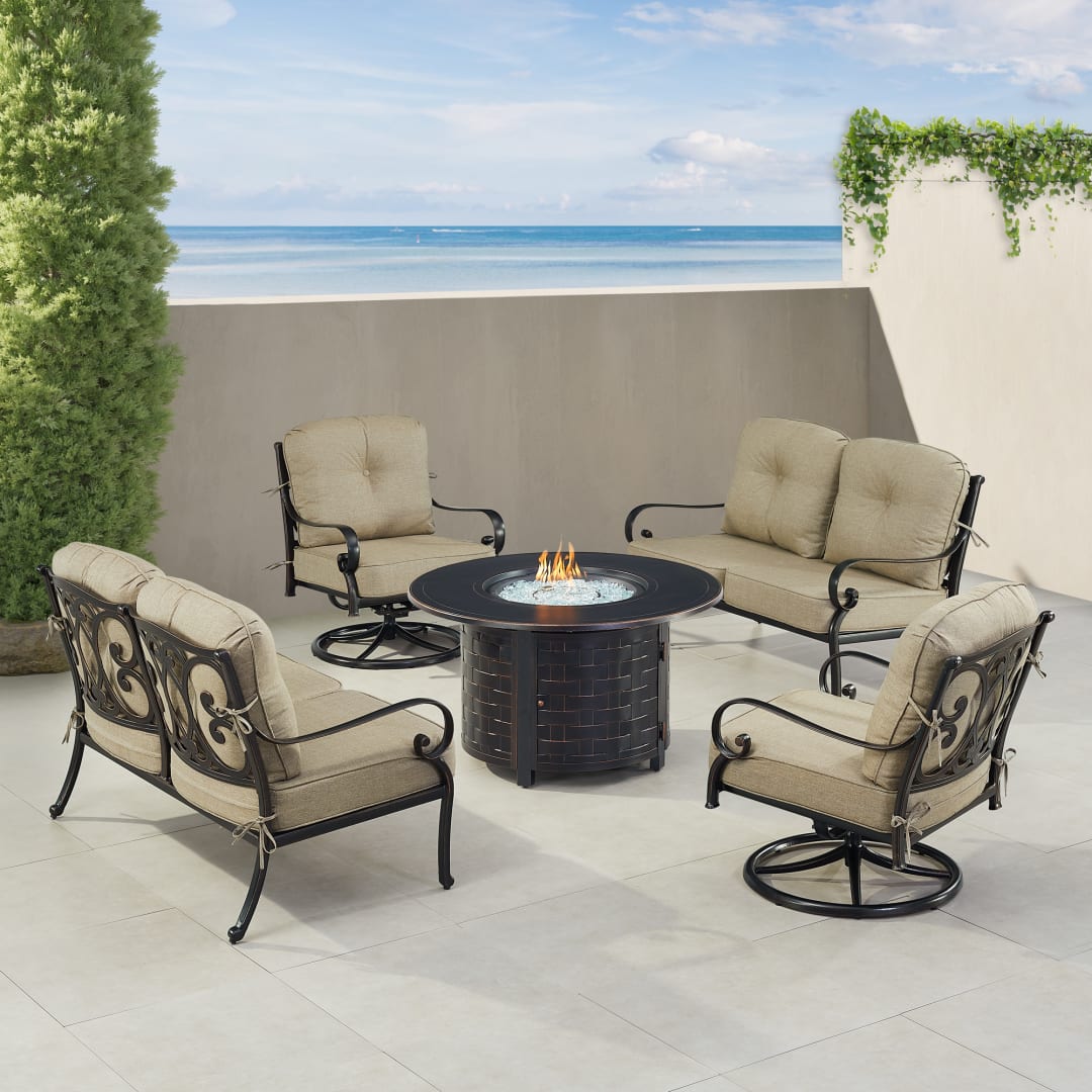 Black Aluminum Patio Fire Table Set with Two Deep Seating Loveseat with Cushions and Two Club Chairs