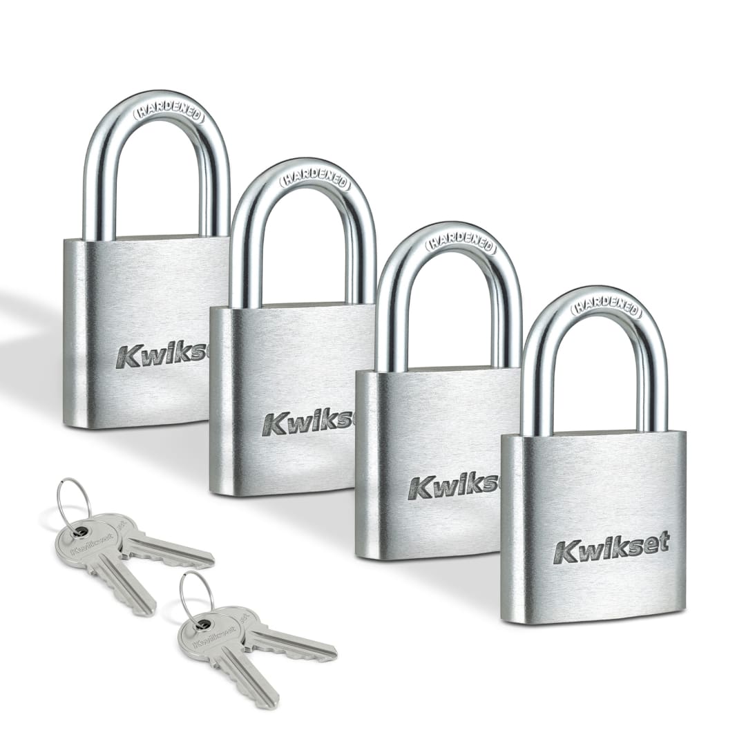 Kwikset Aluminum Padlock with Hardened Steel Shackle, 1-1/2 in Body, 7/8 in Shackle, 4 Pack