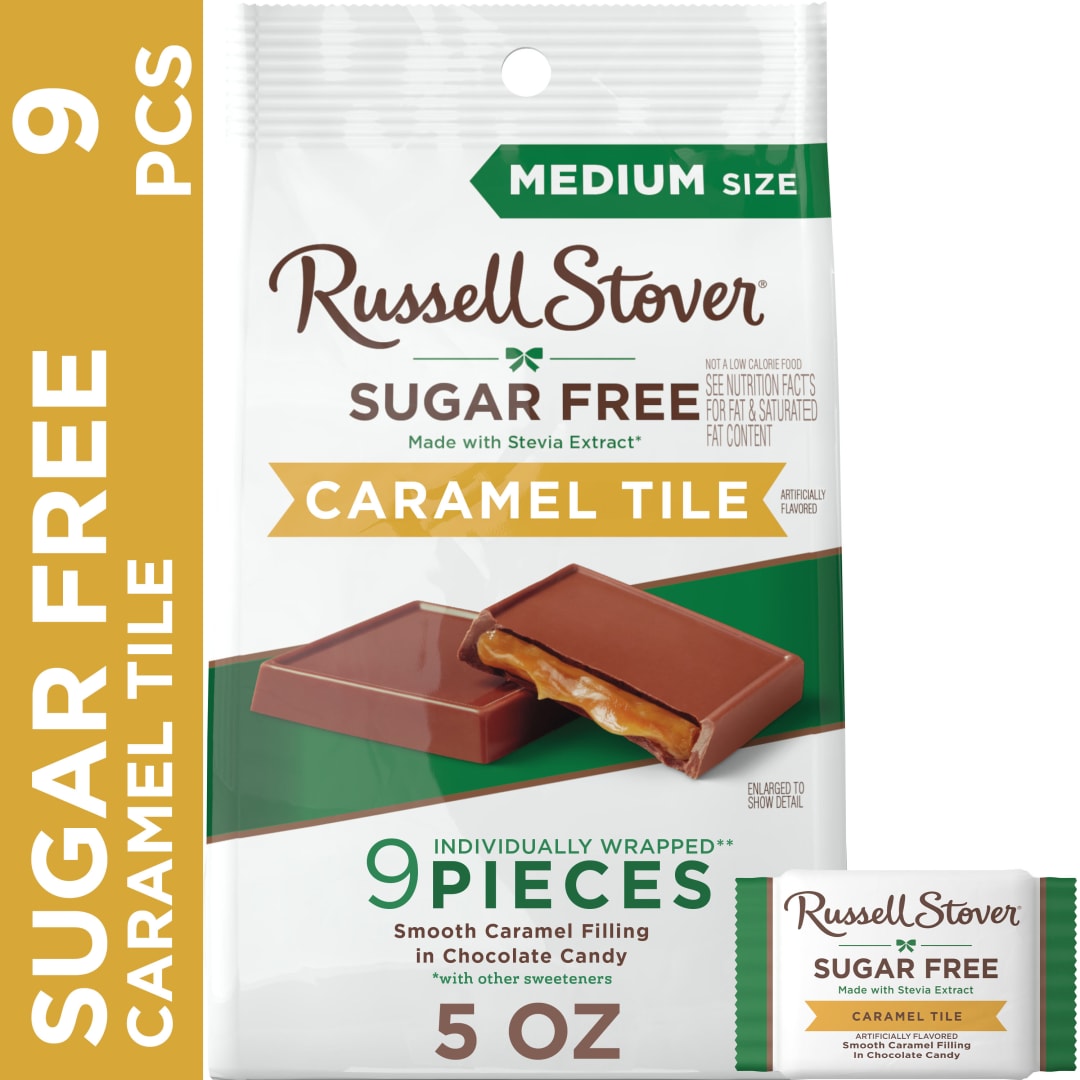 RUSSELL STOVER Sugar Free Caramel Chocolate Candy Tiles, 5 oz. bag