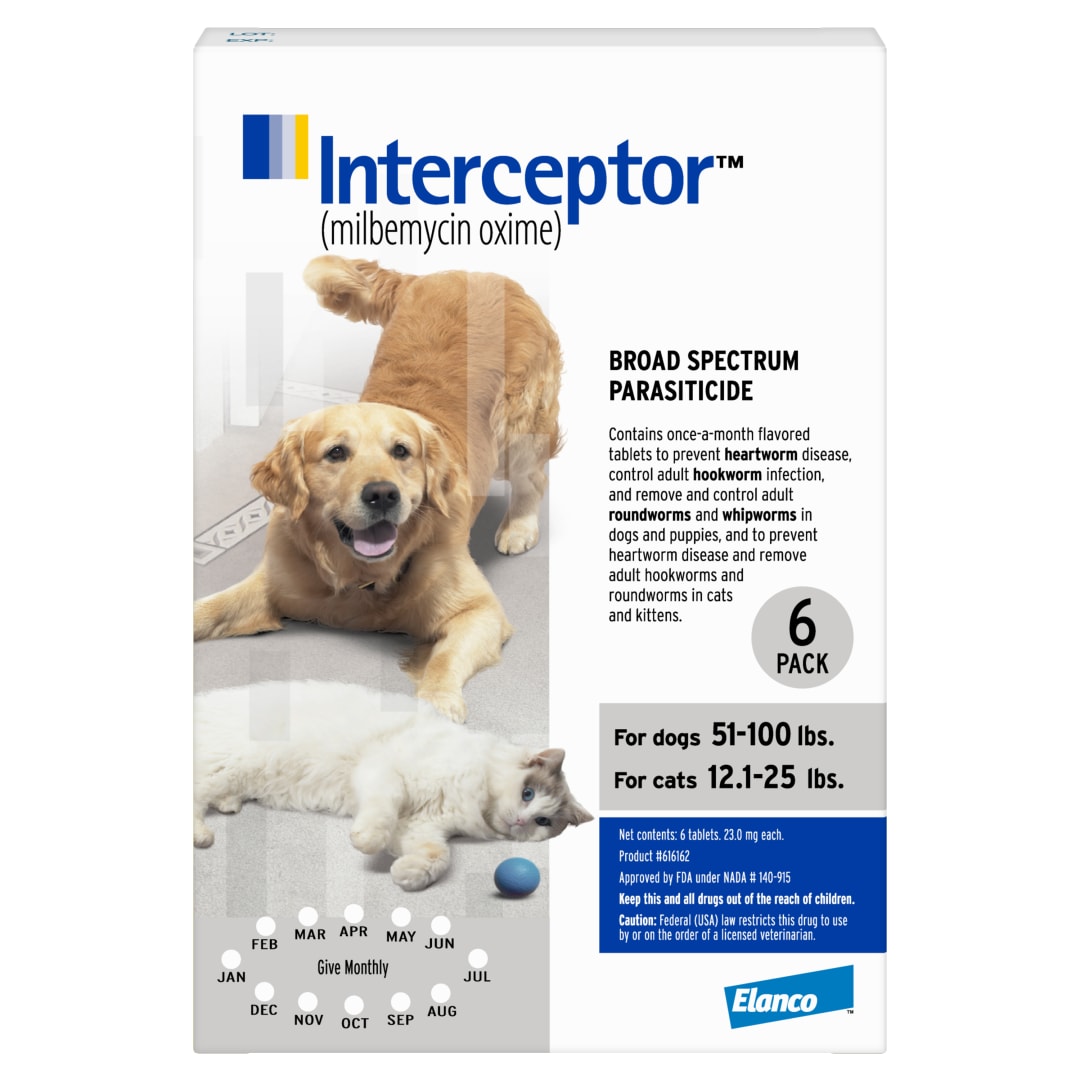 Interceptor Tablets, 51-100 lbs. for Dogs and 12.1-25 lbs. for Cats (White), 6-Month Supply
