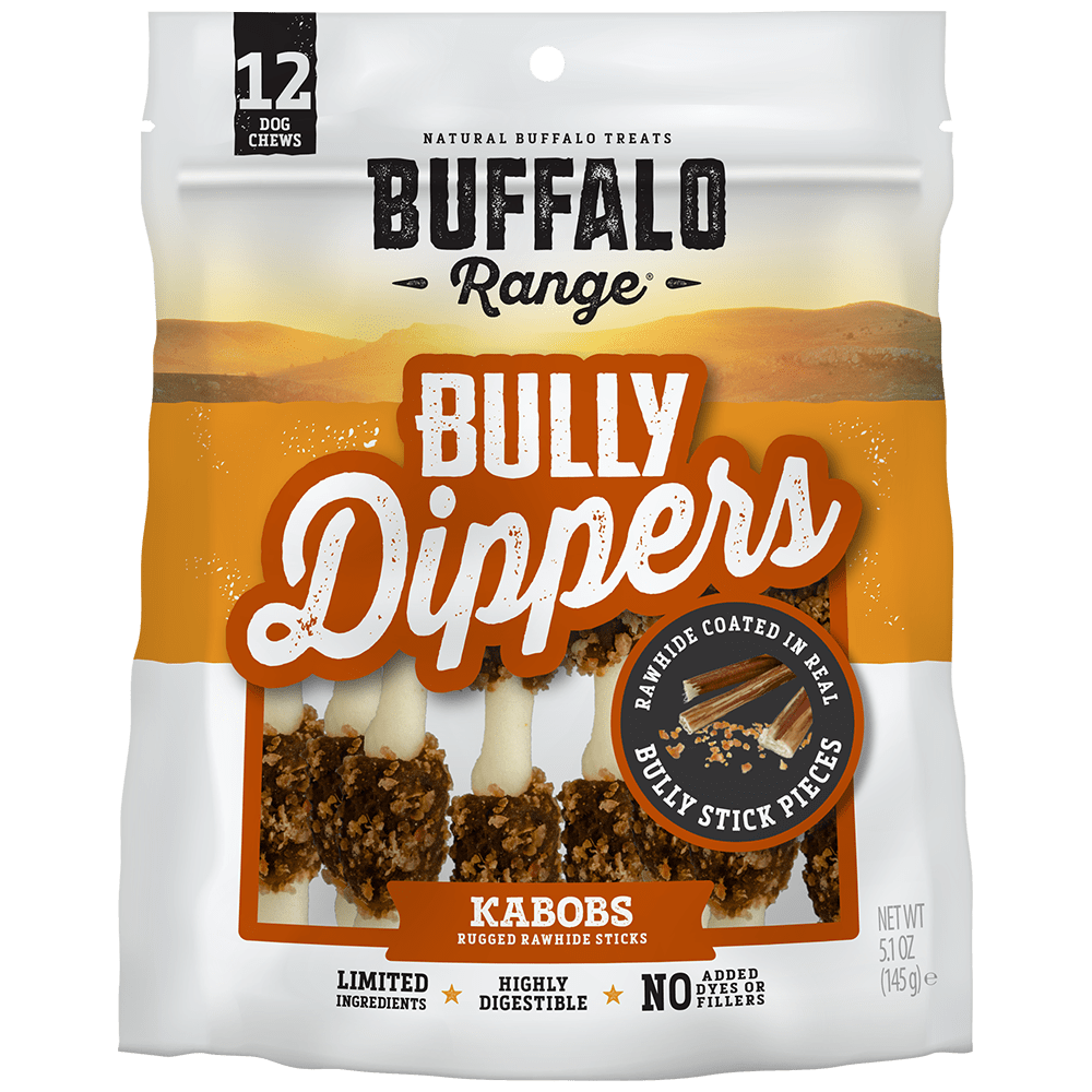 Buffalo Range Rawhide Dog Treats | Healthy, Grass-Fed Buffalo Jerky Raw Hide Chews | Hickory Smoked Flavor | Jerky Kabob with Bullypiece | 12 Count