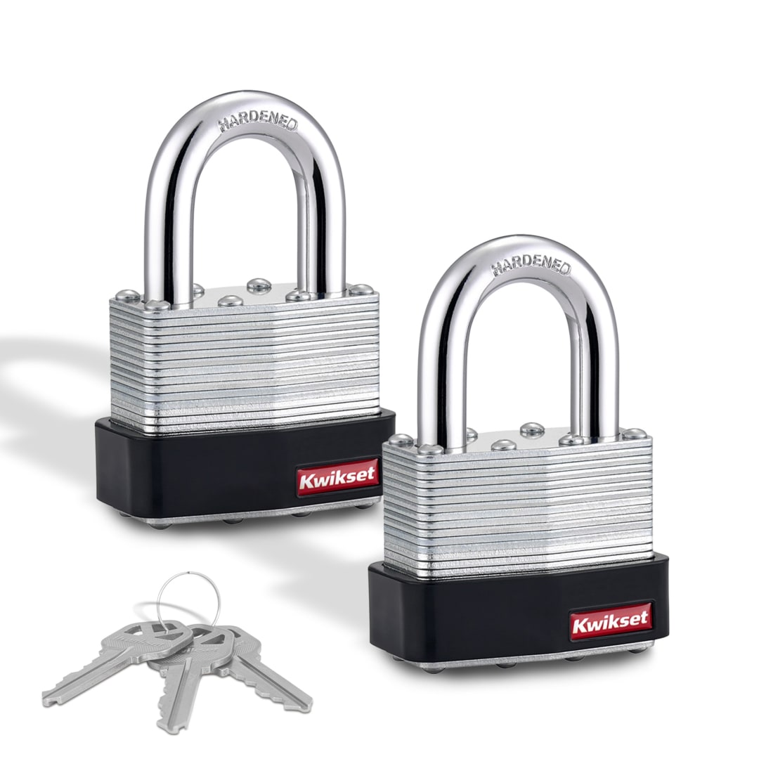 Kwikset Laminated Steel Padlock with Hardened Steel Shackle, 2 in Body, 1-1/8 in Shackle, 2 Pack