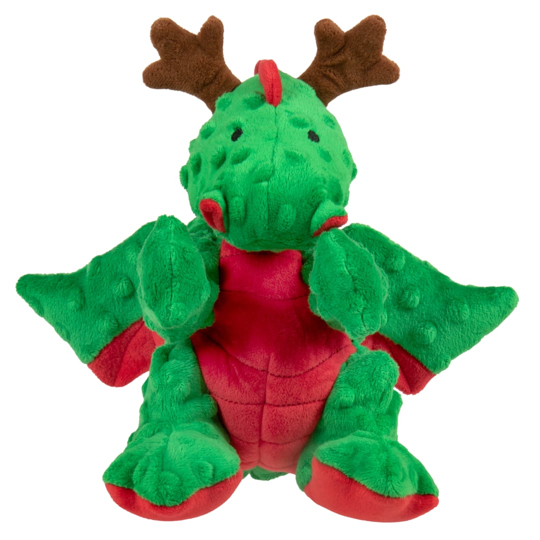 goDog Holiday Collection Reindeer Dragon Squeaky Dog Toy, Plush with Chew Guard Technology, Green, Large