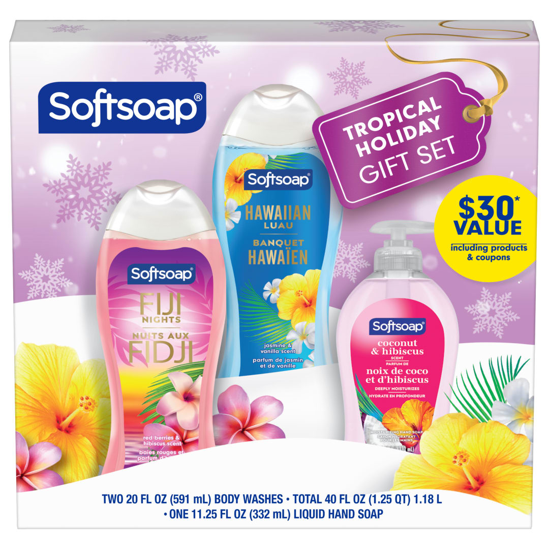 Softsoap Limited Edition Tropical Holiday 3 Piece Holiday Gift Set, 20 fl oz Fiji Nights Body Wash, 20 fl oz Hawaiian Luau Body Wash, 11.25 fl oz Coconut & Hibiscus Scent Liquid Hand Soap