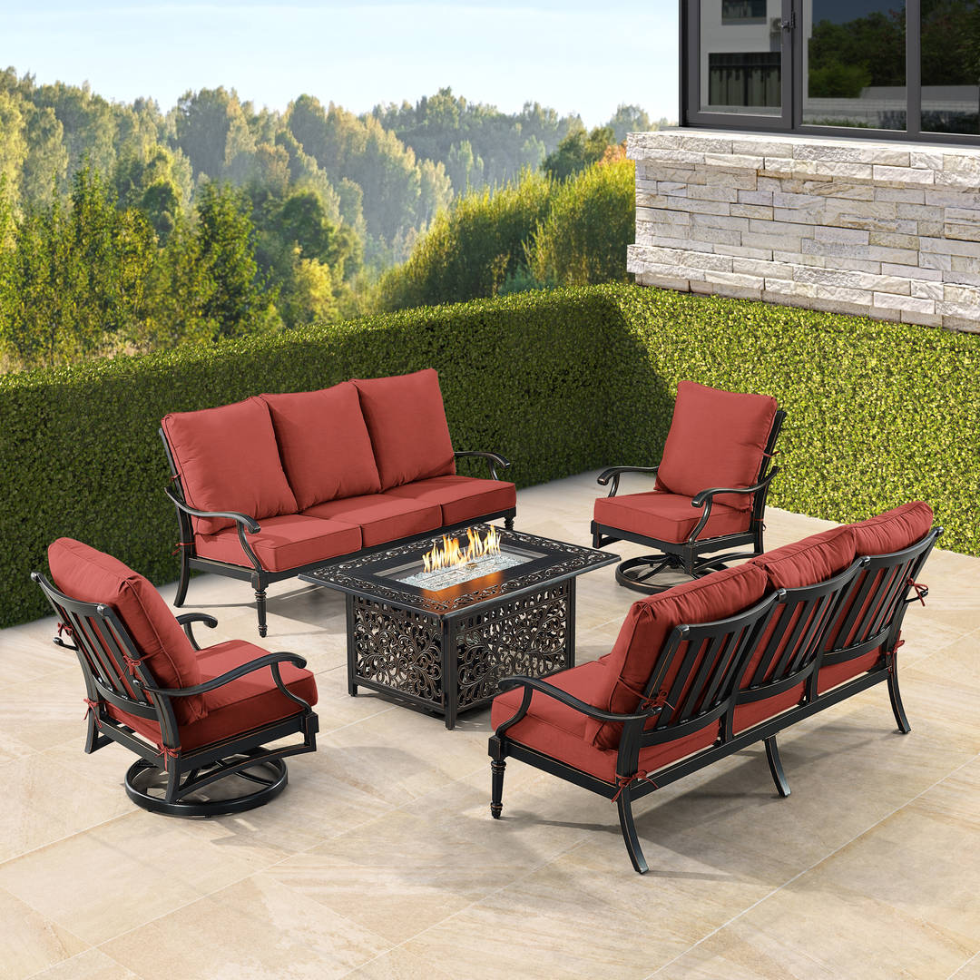 Black Aluminum Patio Fire Table Set with Two Deep Seating Sofa with Cushions and Two Club Chairs
