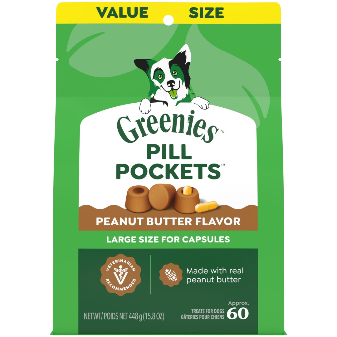 GREENIES PILL POCKETS for Dogs Capsule Size Natural Soft Dog Treats with Real Peanut Butter, 15.8 oz. Pack (60 Treats)