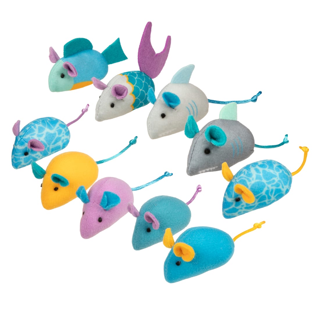 Instincts by SmartyKat Sea Life Skitters Catnip and Silvervine Cat Toys, Set of 10, Small Plush Mice with String Tails