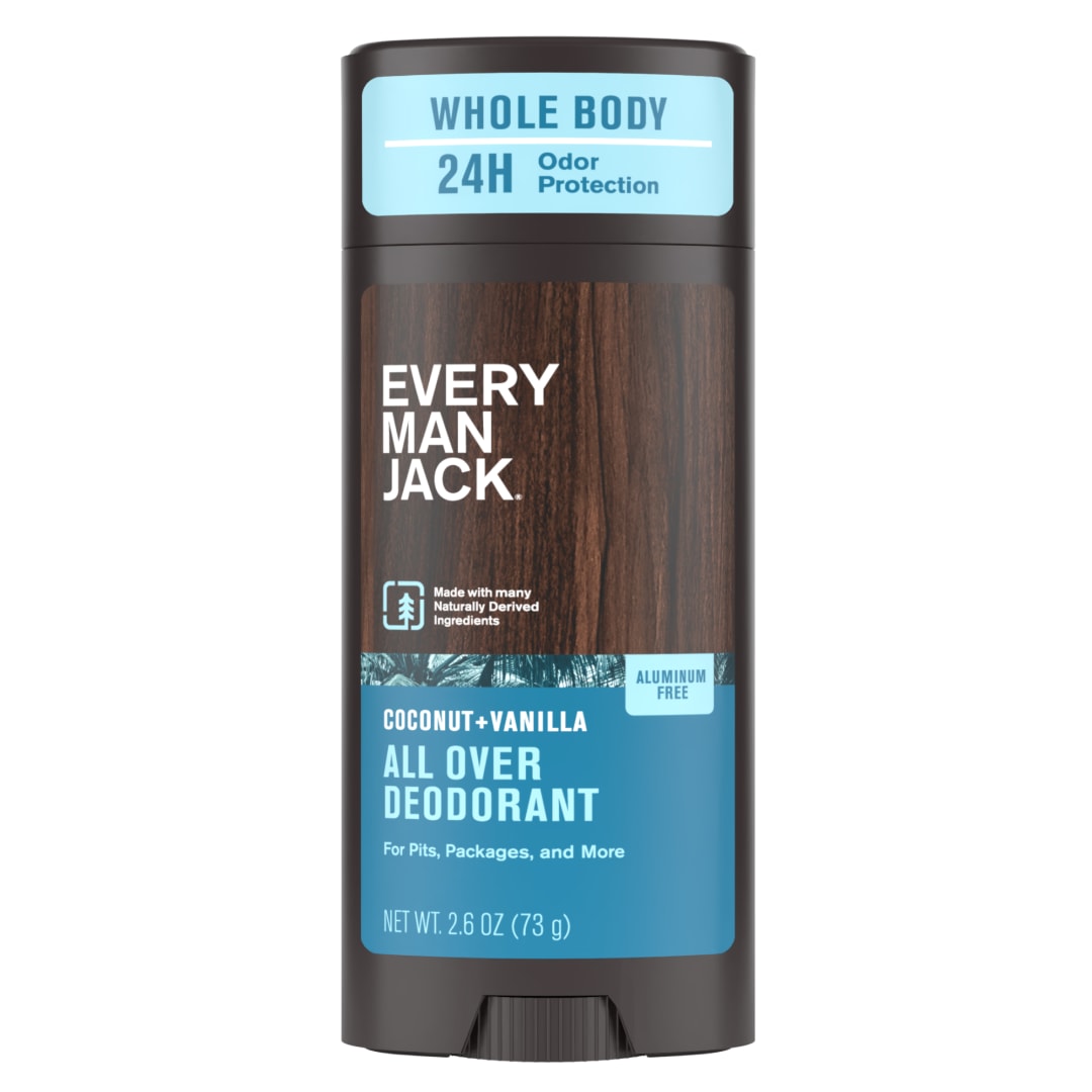 Every Man Jack All Over Deodorant - 24 Hour Whole Body Odor Protection - Aluminum Free - Coconut + Vanilla Scent 2.6 oz (1 Pack)