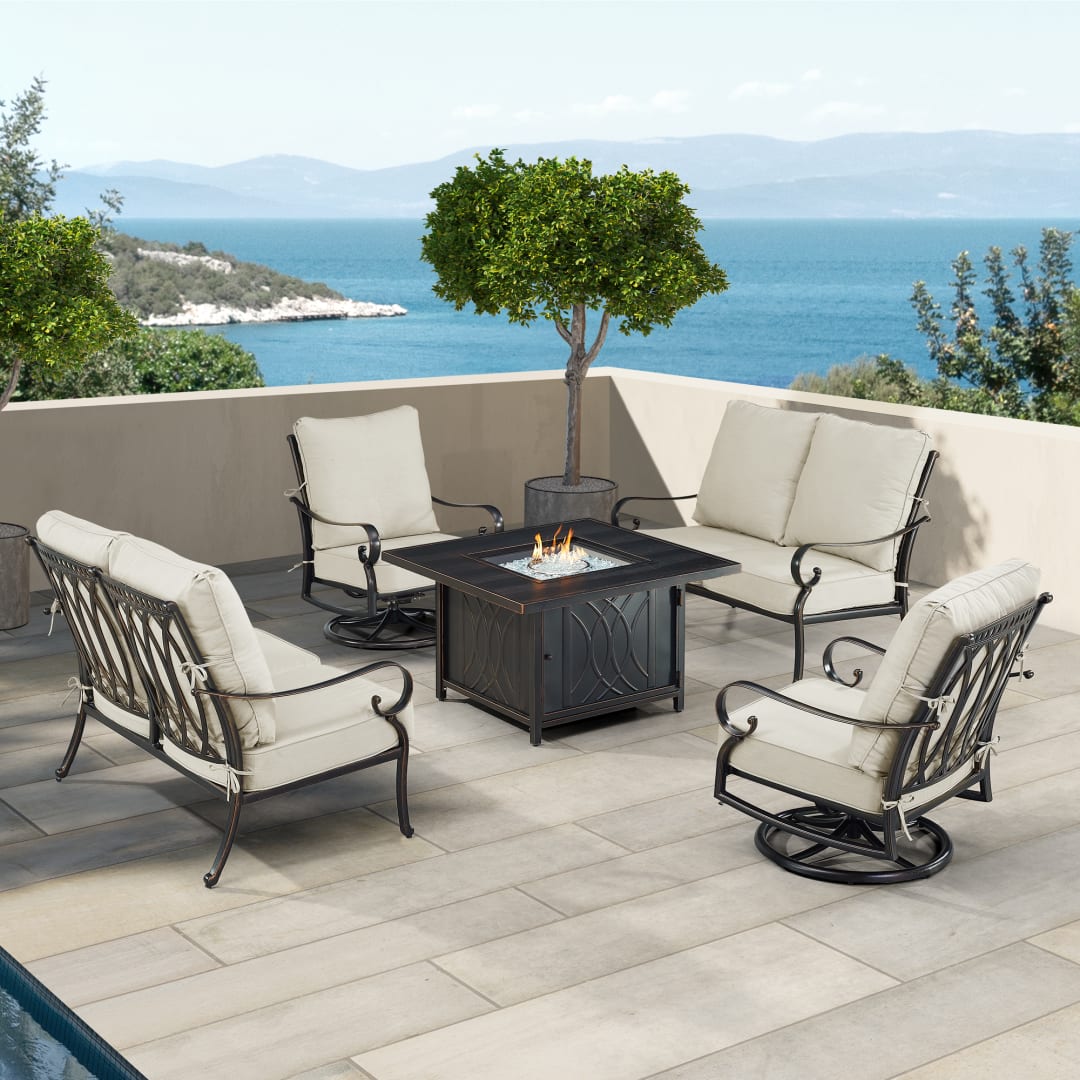 Black Aluminum Patio Fire Table Set with Two Deep Seating Loveseat with Cushions and Two Club Chairs